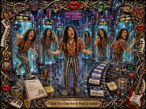 A vivid hand-painted cloning laboratory surrounds a bewildered central figure as identical versions emerge from glowing glass chambers. Electric blues, neon pinks, warm reds, and metallic highlights create a playful sci-fi atmosphere. Reflective floors, machinery, name tags, musical details, and an ornate instrument-filled frame reinforce the humorous theme of duplicated identity.