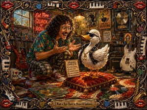 A lively painted scene shows an excited curly-haired man admiring a stylish white duck wearing sunglasses and a leather vest inside a cluttered retro music studio. Warm golden lighting, saturated reds, teals, and creams enhance the playful mood, while records, guitars, posters, and an ornate music-themed frame add rich handcrafted detail.