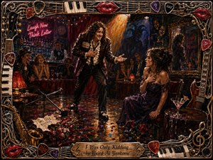 A richly textured painting shows a comic performer awkwardly apologizing to a hurt woman inside a dramatic nightclub. Warm amber spotlights contrast with deep reds, purples, and blue shadows. Laughing and uneasy patrons surround them, while spilled drinks, roses, confetti, masks, and an ornate musical frame reinforce the bittersweet satire.