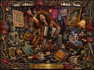 A wildly expressive accordion player dominates a chaotic music-filled room, defiantly rejecting calm amid scattered records, speakers, broken meditation symbols, and humorous signs. Rich reds, golds, blues, and purples glow under theatrical lighting. Thick, textured brushwork creates energetic depth, framed by ornate instruments, piano keys, guitar picks, and glossy red lips.