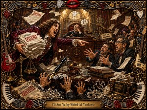 A chaotic courtroom erupts as a theatrical plaintiff brandishes lawsuit papers while terrified defendants recoil across a cluttered legal desk. Warm gold and deep burgundy tones heighten the satirical drama, with flying subpoenas, gavels, scales, ink, and law books framed by ornate guitars, piano keys, picks, strings, and glossy red lips.