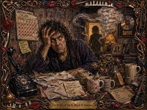 A weary man slumps at a cluttered desk in a dim apartment, overwhelmed by letters, ringing phones, coffee mugs, wilted flowers, and repeated reminders of you. Warm amber lamplight contrasts with smoky blue-brown shadows. Thick, expressive oil textures, dark humor, and an ornate musical frame create a theatrical, sardonic atmosphere.