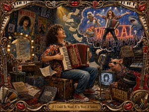 A joyful accordion player sits in a cluttered rehearsal room, dreaming of a dazzling concert performance amid swirling sheet music, quirky props, and cheering crowds. Rich reds, golds, and blues glow beneath theatrical spotlights. A detailed handcrafted painting style and ornate musical frame create a whimsical, energetic celebration of eccentric musical ambition.