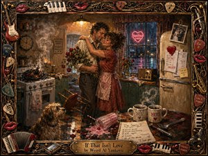 A richly textured painting shows a loving couple slow-dancing in a chaotic retro kitchen, surrounded by burnt dinner, spilled drinks, roses, bills, and a watchful dog. Warm amber lighting contrasts with cool rainy blues outside. An ornate musical frame of strings, instruments, piano keys, picks, and glossy lips completes the whimsical scene.