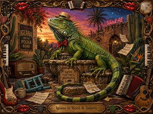 A richly detailed painted iguana poses proudly on a stone fountain in a whimsical desert courtyard at sunset. Emerald scales glow against warm terracotta, coral, gold, and deep blue skies. Musical instruments, scattered sheet music, tropical plants, and an ornate music-themed frame create a playful, surreal atmosphere with handcrafted texture.