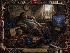A weary man slumps in a cluttered living room surrounded by sleeping electronics, snacks, dusty instruments, and wilted plants. Muted blues, browns, and grays contrast with warm sunlight from an active city outside. Rich painterly textures, dramatic shadows, humorous details, and an ornate musical frame emphasize comic lethargy and stagnation.