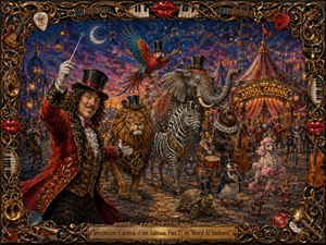 A flamboyant ringmaster welcomes a fantastical animal parade through a glowing twilight carnival, surrounded by lions, zebras, elephants, birds, and musical performers. Rich reds, golds, blues, and purples create theatrical warmth beneath lanterns and moonlight. Painterly textures, floating musical notes, striped tents, and an ornate instrument-filled frame complete the whimsical scene.
