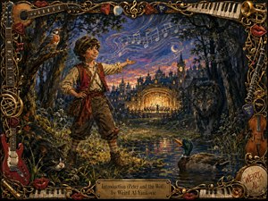 A richly textured storybook painting shows a confident young boy in a twilight forest clearing, surrounded by a bird, cat, duck, and shadowy wolf. Warm golds, deep blues, and forest greens glow beneath dramatic moonlit lighting. An ornate musical frame of instruments, piano keys, picks, strings, and red lips completes the theatrical scene.