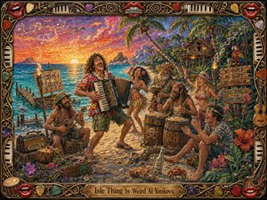 A lively tropical island jam unfolds at sunset, centered on a curly-haired accordion player surrounded by cheerful dancers, drummers, and castaways. Turquoise water, glowing skies, palms, tiki torches, and rustic props create playful depth. Rich impasto textures, warm golden lighting, vivid tropical colors, and an ornate musical frame complete the whimsical scene.