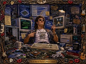 A smug retro computer enthusiast lounges amid CRT monitors, open towers, tangled cables, motherboards, games, and glowing benchmark displays in a chaotic late-1990s tech den. Electric blues, greens, amber highlights, and deep shadows create energetic drama, while the richly painted musical frame of strings, keys, guitars, picks, and red lips adds playful extravagance.