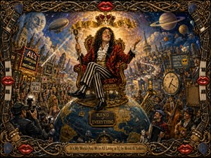 A flamboyant crowned showman sits triumphantly on an ornate throne atop a globe, surrounded by cheering crowds, musicians, city towers, planets, and whimsical signs. Rich reds, golds, blues, and amber light create theatrical grandeur. Intricate painted textures, dramatic rays, surreal perspective, and a musical frame of strings, keys, instruments, picks, and glossy lips complete the scene.