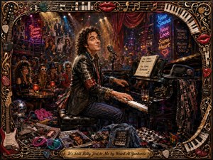 A charismatic pianist performs in a crowded, smoky nightclub, surrounded by retro fashion, glowing signs, velvet curtains, and scattered memorabilia. Warm gold, crimson, blue, and magenta lighting creates theatrical depth. Rich oil-paint textures, glossy piano reflections, playful period details, and an ornate musical frame give the scene nostalgic, satirical energy.
