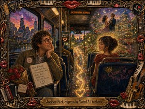 A richly textured oil-style painting shows an awkward romantic bus passenger gazing toward a woman aboard the Jackson Park Express, while the aisle dissolves into a glowing dreamscape of roses, city lights, and imagined romance. Warm golds, crimson reds, and twilight blues fill the scene, framed by ornate musical instruments, piano keys, strings, and glossy lips.