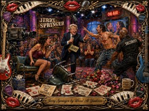 A richly textured painted talk-show scene erupts with theatrical chaos as a charismatic host confronts shouting guests before a shocked audience. Vivid reds, purples, blues, and golds glow under dramatic studio lighting. An ornate musical frame of guitars, piano keys, strings, picks, and glossy lips surrounds the energetic composition.