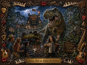 A roaring Tyrannosaurus dominates a rain-soaked prehistoric theme park as frightened visitors and an accordion-playing performer react in comic panic. Stormy blue skies, lightning, torchlight, muddy reflections, and dense jungle create dramatic depth. Rich painterly textures surround dinosaurs, wreckage, signs, and an ornate music-themed frame with glossy red lips.