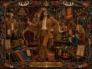 A flamboyant suede-clad shopkeeper stands proudly in an opulent retro boutique, surrounded by jackets, hats, shoes, admiring customers, and royal decorations. Warm browns, golds, burgundy, and teal glow beneath dramatic lights. Rich painterly textures, deep perspective, playful signage, and an ornate music-themed frame create a humorous, majestic atmosphere.