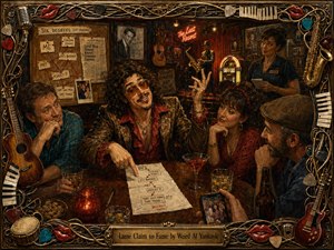A flamboyant storyteller boasts about a tenuous celebrity connection inside a warmly lit retro lounge, surrounded by amused, skeptical friends. Rich amber, burgundy, teal, and brass tones create theatrical depth. Painterly textures, glowing glassware, humorous connection diagrams, vintage decor, and an intricate musical frame reinforce the playful, satirical mood.