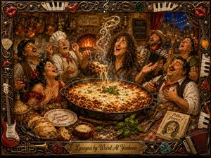 A jubilant Italian trattoria scene centers on an enormous bubbling lasagna surrounded by laughing diners, cooks, wine glasses, bread, herbs, and musical celebration. Warm reds, golds, browns, and greens glow beneath dramatic amber lighting. Rich oil-painted textures, curling musical steam, rustic kitchen details, and an intricate instrument-themed frame create playful theatrical charm.