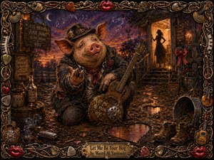 A soulful anthropomorphic hog serenades beside a weathered guitar in a rustic twilight juke-joint yard, reaching toward a warmly lit porch silhouette. Amber lantern light, purple skies, muddy heart-shaped puddles, worn boots, bottles, and musical details create playful romance. Rich painterly textures and an ornate instrument-and-red-lips frame complete the whimsical blues atmosphere.
