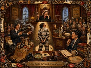 A richly painted comic courtroom glows in warm amber, crimson, and mahogany tones as a striped defendant faces a mischievous judge amid wordplay-themed evidence and amused spectators. Dramatic spotlights, deep shadows, intricate legal props, and surreal puns create theatrical energy, all enclosed by an ornate musical frame with glossy red lips.