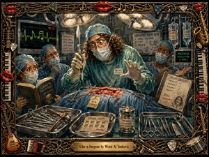 A richly painted surgical comedy unfolds beneath glaring operating lights, where a wide-eyed, uncertain surgeon works amid anxious assistants, gleaming instruments, medical monitors, and absurd handwritten notes. Cool blues and greens contrast with crimson accents and warm metallic highlights, while an ornate musical frame of strings, keys, instruments, picks, and glossy lips completes the satirical scene.