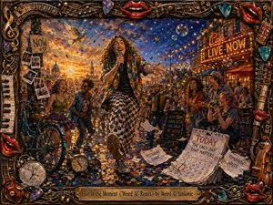 A jubilant curly-haired performer strides through a glowing city street concert at sunset, singing into a microphone as dancers, musicians, and laughing onlookers surround him. Warm golds, fiery oranges, and deep twilight blues fill the richly textured painted scene, while clocks, calendars, confetti, bubbles, and an ornate music-themed frame heighten its whimsical, celebratory spirit.