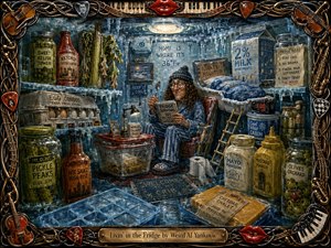A whimsical hand-painted refrigerator world surrounds a cozy, eccentric resident relaxing among towering condiment jars, milk-carton apartments, egg condos, and frosty leftovers. Icy blues, cool greens, and warm amber accents glow beneath dramatic fridge lighting. An ornate musical frame of strings, keys, instruments, picks, and red lips completes the playful scene.