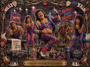 A flamboyant 1980s aerobics performer clutches his abdomen mid-routine as startled dancers surround him in a neon-lit gym. Hot pinks, electric blues, golds, and purples intensify the comic drama. Rich painted textures, reflective flooring, gym props, glowing signs, and an ornate musical frame create lively depth and handcrafted theatrical energy.