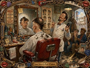 A richly textured painted barbershop scene captures a horrified customer discovering his wildly uneven haircut in the mirror while a smug barber proudly holds clippers and scissors. Warm reds, creams, teal, and amber glow under vintage lighting, surrounded by humorous signs, scattered hair, amused patrons, and an ornate musical frame.