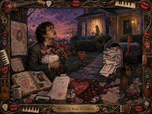 A richly painted dusk scene shows an awkward admirer clutching roses and love letters outside Melanies warmly lit suburban home. Purple-pink skies, golden windows, scattered petals, overflowing mail, chocolates, and keepsakes create comic romantic obsession. An ornate musical frame of strings, piano keys, instruments, picks, and glossy red lips surrounds the detailed composition.