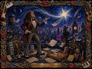 A flamboyant curly-haired performer stands on a midnight rooftop beneath a blazing star, singing into a vintage microphone above a glowing city skyline. Painted in richly textured, hand-crafted detail, the scene glows with deep blues, golds, and crimson, while floating sheet music, quirky props, and an ornate musical frame create whimsical theatrical drama.