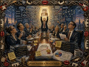 A richly painted corporate boardroom becomes a satirical shrine to business jargon, with suited executives reverently surrounding a glowing mission statement. Cool blues, charcoal, and gold dominate under dramatic warm lighting, while charts, binders, coffee mugs, and absurd slogans crowd the scene. An ornate musical frame adds playful theatrical detail.