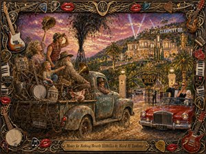 A richly textured oil-style painting shows a jubilant hillbilly family arriving in a battered truck at a lavish Beverly Hills estate after striking oil. Warm sunset golds, dusty browns, vivid reds, and glowing mansion lights create comic grandeur, framed by guitars, piano keys, picks, strings, glossy lips, and an engraved title plate.