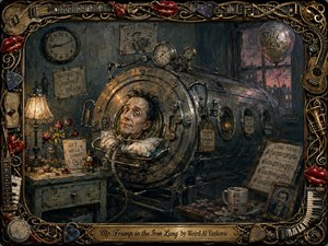 A wistful man rests inside a massive vintage iron lung in a dim hospital room, surrounded by wilting roses, cards, gauges, sheet music, and darkly comic keepsakes. Muted blues, tarnished silver, warm amber light, and crimson accents create melancholy humor. Rich painterly textures and an ornate musical frame complete the handcrafted scene.