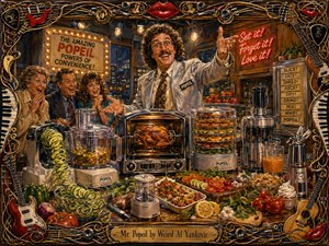 A jubilant retro infomercial pitchman commands a crowded kitchen studio, surrounded by gleaming slicers, juicers, rotisseries, colorful produce, and delighted onlookers. Warm gold, red, teal, and chrome tones glow under theatrical lighting. Thick painterly textures, energetic gestures, and an ornate musical frame create a humorous, exuberant vintage-show atmosphere.