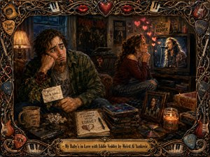 A richly painted 1990s grunge interior shows a dejected boyfriend watching his girlfriend dreamily adore Eddie Vedder on television. Warm amber lamplight contrasts with smoky blues, greens, and deep reds. Hearts, wilted flowers, CDs, posters, and handwritten notes add humorous heartbreak, while an ornate musical frame completes the handcrafted scene.
