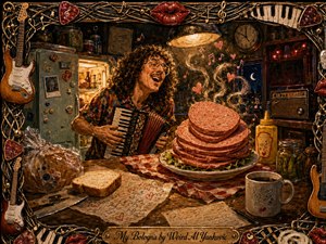 A joyful curly-haired accordion player serenades a towering stack of bologna in a warmly lit retro kitchen. Rich amber, rose, brown, and teal tones enhance the playful late-night mood, while swirling steam, hearts, musical notes, vintage appliances, and textured brushwork create depth. An ornate instrument-and-lips frame completes the whimsical painting.
