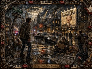 A rain-soaked dystopian city glows beneath stormy blue-gray skies as a lone witness confronts unsettling scenes of wealth, neglect, propaganda, and indifference. Golden lights and neon reflections shimmer across puddles, while surreal eye motifs suggest awakening. Rich painterly textures and an ornate music-themed frame intensify the dramatic, satirical mood.