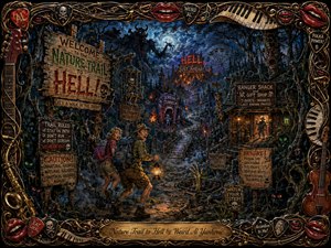 A terrified pair of hikers flees along a moonlit forest trail transformed into a macabre carnival of monsters, traps, warning signs, and fiery attractions. Deep blues, smoky greens, glowing orange lanterns, and red accents create comic-horror tension. Richly textured painting and an ornate musical frame complete the theatrical scene.