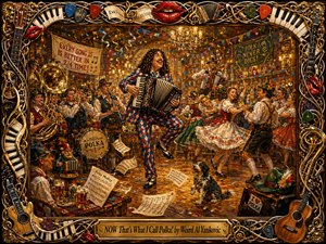 A jubilant polka celebration fills a glowing old-world dance hall, led by a curly-haired accordion player in a vivid harlequin suit. Dancers whirl among musicians, confetti, sheet music, and warm chandeliers. Rich reds, blues, golds, and polished wood create festive depth, framed by ornate instruments, piano keys, picks, strings, and glossy lips.
