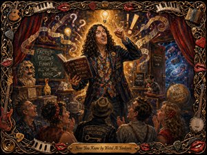 A theatrical, richly painted scene shows a charismatic curly-haired performer revealing playful truths to an astonished audience amid glowing lightbulbs, swirling music, books, signs, and surreal props. Warm gold, red, blue, and purple tones create dramatic depth, while textured brushwork and an ornate musical frame enhance the whimsical, revelatory mood.
