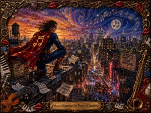 A masked musical superhero crouches atop a city rooftop at sunset, overlooking glowing streets, emergency lights, and cheering crowds. Rich crimson, cobalt, gold, and violet tones create a playful heroic mood beneath swirling musical skies. Painterly textures, dramatic rim lighting, flying sheet music, instruments, glossy lips, and an ornate frame complete the whimsical tribute.