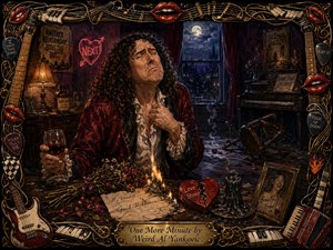 A heartbroken, curly-haired man sits dramatically in a moonlit room, clutching wine amid wilted roses, a burning farewell letter, broken heart, and toppled chair. Deep burgundy, midnight blue, and antique gold tones heighten the theatrical melancholy. Rich painterly textures, warm lamplight, and an ornate musical frame add sardonic, handcrafted detail.