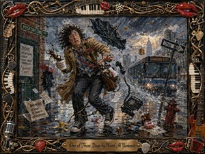 A frazzled man stumbles through a stormy city street as coffee spills, papers fly, an umbrella collapses, and a bus splashes through puddles. Moody blues, grays, and warm metallic highlights create comic chaos under dramatic light. Thick painterly textures and an ornate music-themed frame amplify the whimsical disaster.