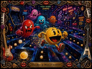 A vivid neon-painted Pac-Man races through a glowing blue maze as red, pink, cyan, and orange ghosts pursue him. Electric yellows, magentas, and deep purples create frantic arcade energy beneath dramatic luminous lighting. Thick painterly textures, musical symbols, pellets, arcade signs, and an ornate instrument-filled frame complete the nostalgic scene.