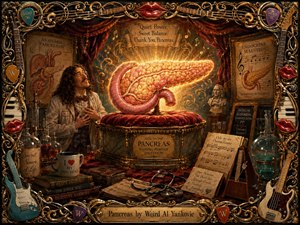 A glowing, anatomically inspired pancreas rests like a treasured relic on a velvet pedestal inside a whimsical medical theater. Warm gold, coral, burgundy, and teal tones glow beneath dramatic lighting, while a delighted doctor, laboratory glassware, anatomical charts, musical notes, and an ornate instrument-filled frame create playful, handcrafted grandeur.
