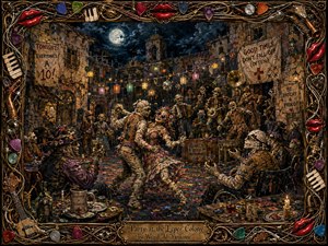A moonlit courtyard erupts with darkly comic celebration as bandaged revelers dance, toast, and crowd around a lively folk band. Warm lanterns glow against crumbling stone buildings, contrasting with cool blue night shadows. Rich ochres, purples, greens, and golds enhance the textured painterly style, framed by intricate musical ornaments and glossy red lips.
