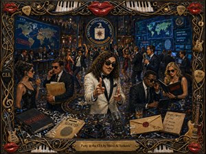 A lively hand-painted spy party unfolds inside a grand CIA command center, with a curly-haired tuxedoed figure posing playfully amid agents, dancers, glowing surveillance screens, classified files, and scattered confetti. Deep blues, blacks, reds, and golds glow under cinematic lighting, framed by ornate instruments, piano keys, strings, picks, and glossy lips.