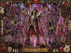 A flamboyant performer commands a glittering concert stage, surrounded by eccentric dancers, musicians, confetti, and theatrical props. Saturated pinks, purples, golds, and blacks glow beneath intense spotlights and haze. The richly painted, satirical scene features dramatic costumes, reflective surfaces, surreal details, and an ornate musical frame with red lips.