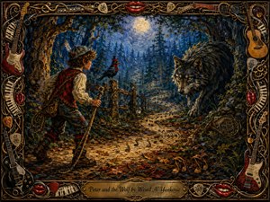 A brave young Peter confronts a watchful wolf in a moonlit enchanted forest, where winding paths and scattered leaves form playful musical motifs. Deep blues, mossy greens, amber highlights, and dramatic shadows create a whimsical storybook mood. Rich painterly textures and an ornate instrument-filled frame complete the handcrafted scene.